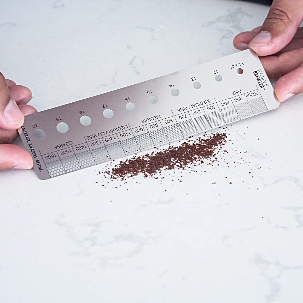 KRUVE Brewler Coffee Grind Ruler - Stainless Steel Coffee Bar Accessories for Home, Coffee Grind Size 200-1600 Microns, Green Bean Grading 11/64-20/64, 5.9 Inch Ruler, Conversion Chart, Magnetic Guide