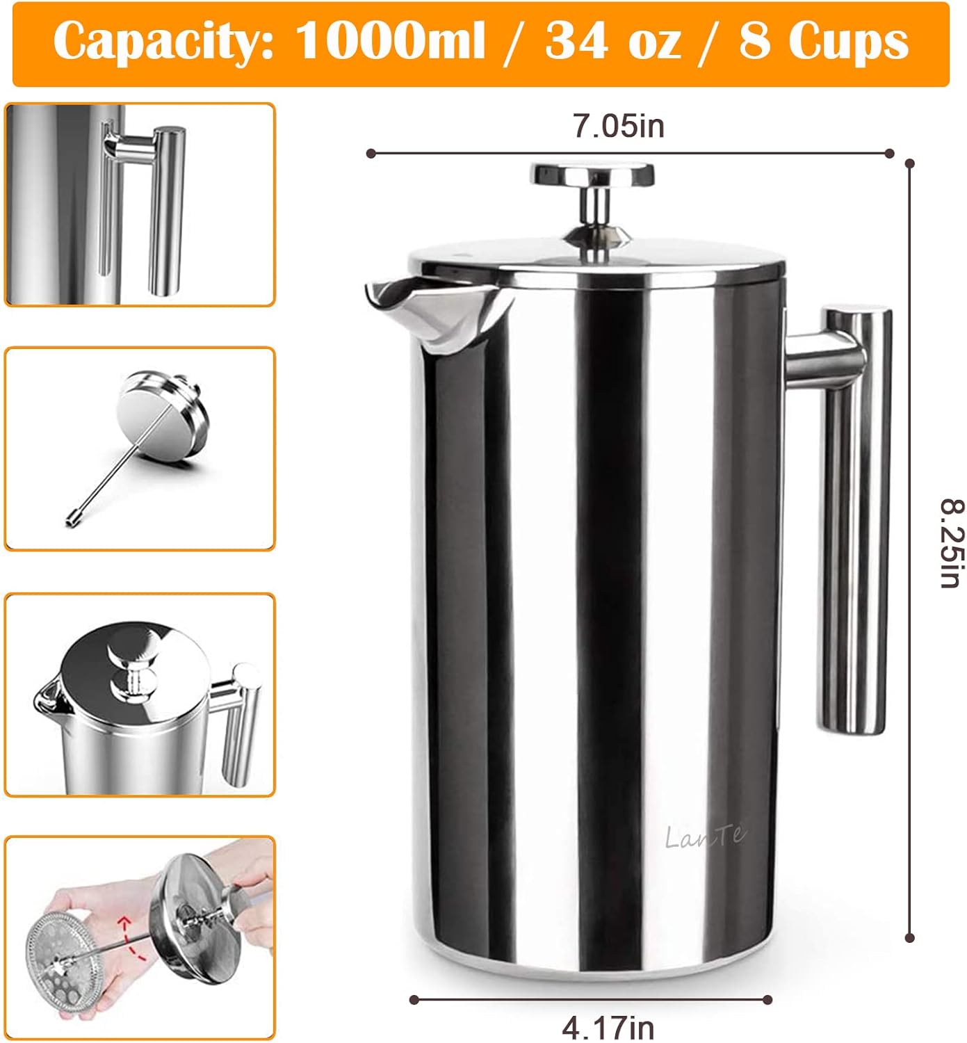French Press Coffee Maker, Double Insulated 304 Stainless Steel Coffee Tea Maker 4 Level Filtration System, No Coffee Grounds, Rust-Free, Dishwasher Safe, 1000ml