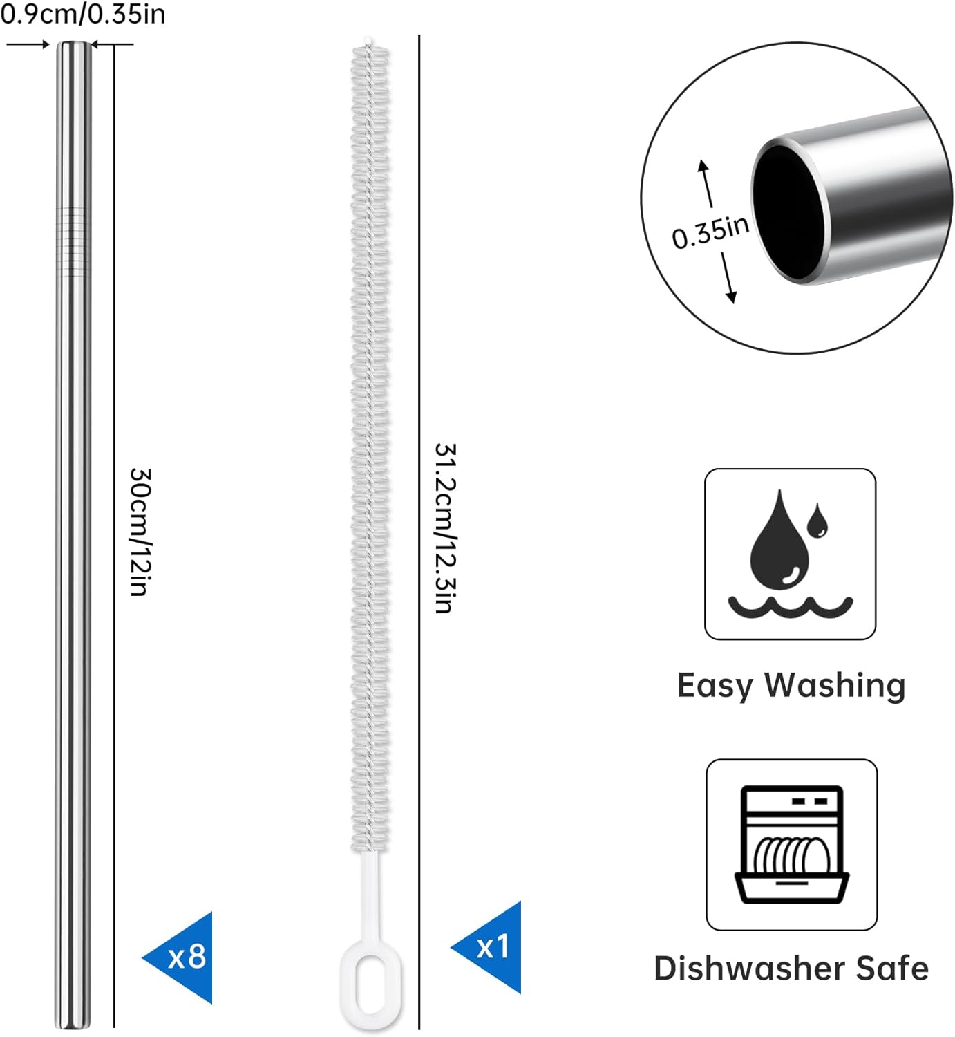 Tomorotec 8-Pack Stainless Steel Straws Fit for 40oz Stanley Tumblers, 12" Metal Straws for Stanley Cup with 1 Brush, Reusable Drinking Straws for Smoothies, Milkshakes, Dishwasher Safe & BPA-Free