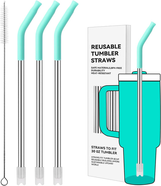 Reusable Metal Straws with Silicone Tip for Stanley 30oz,Stainless Steel Drinking Straws for 30oz Tumbler,3 Straight Tubes & 6 Tips& 1 Cleanr Brush (Tropical Teal)