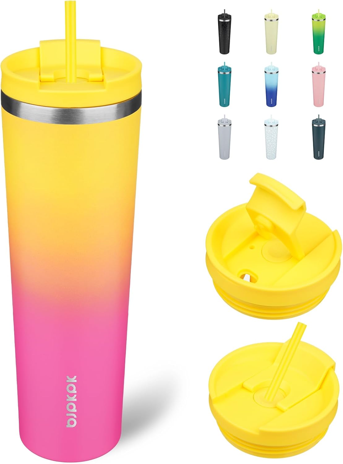 BJPKPK 34oz Stainless Steel Insulated Tumbler With lid And Straw Travel Coffee Thermal Tumblers Cup For Women And Men,Pink Yellow Rose