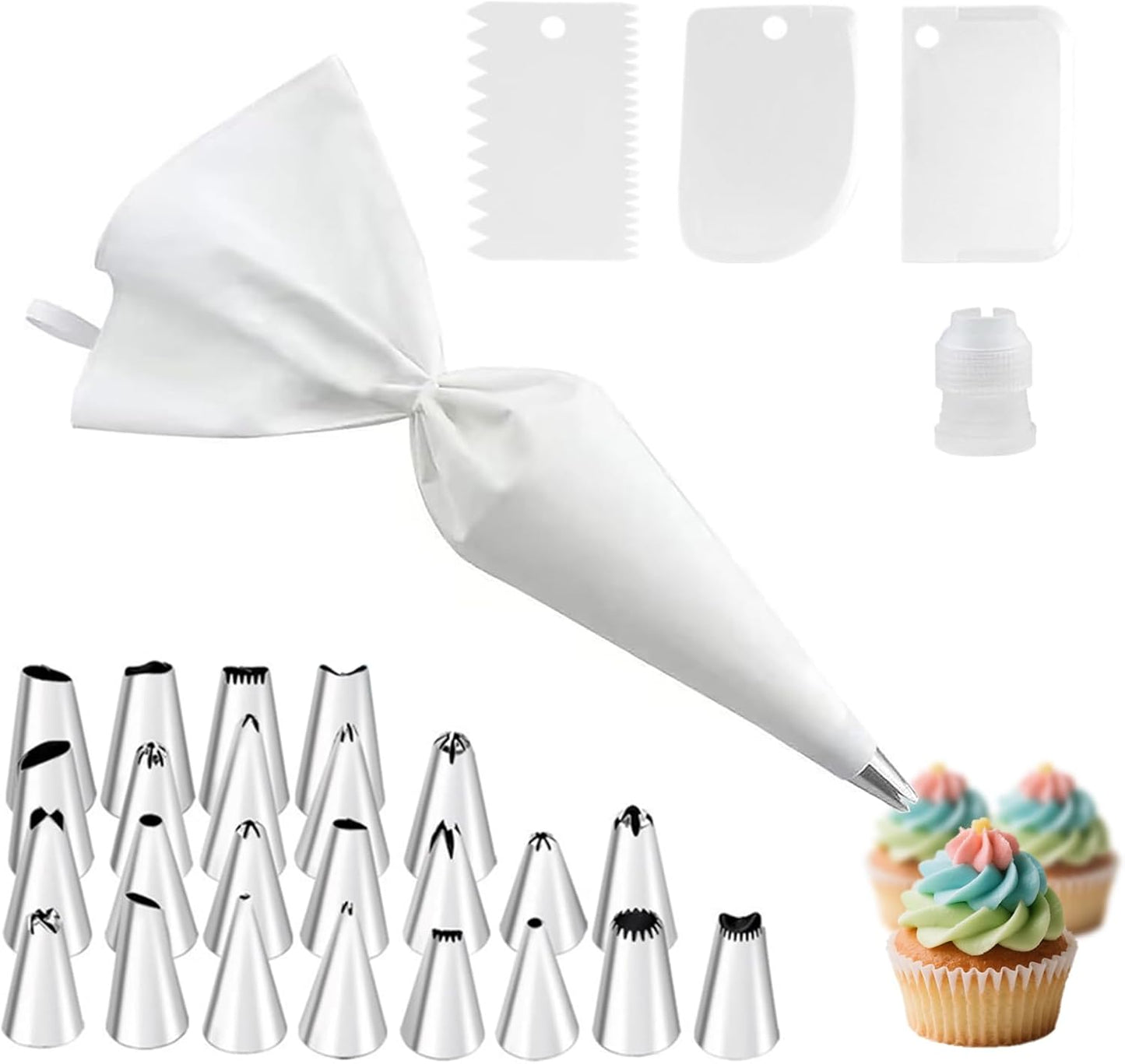 Stainless Steel Piping Tips Set with Reusable Piping Bags - Professional Icing Bags and Tips Set for Cake Decorating - Cupcakes, Cookies, Chocolate - Ultimate Cake Decorating Tips Kit (White)