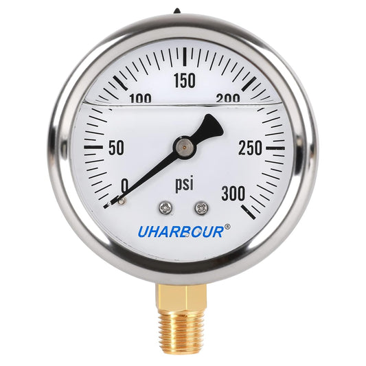 Glycerin Filled Pressure Gauge with 304 Stainless Steel Case, 2.5" Dial Size, 0-300Psi, High Accuracy, 1/4" NPT Center Lower Mount with Single Scale (psi).…