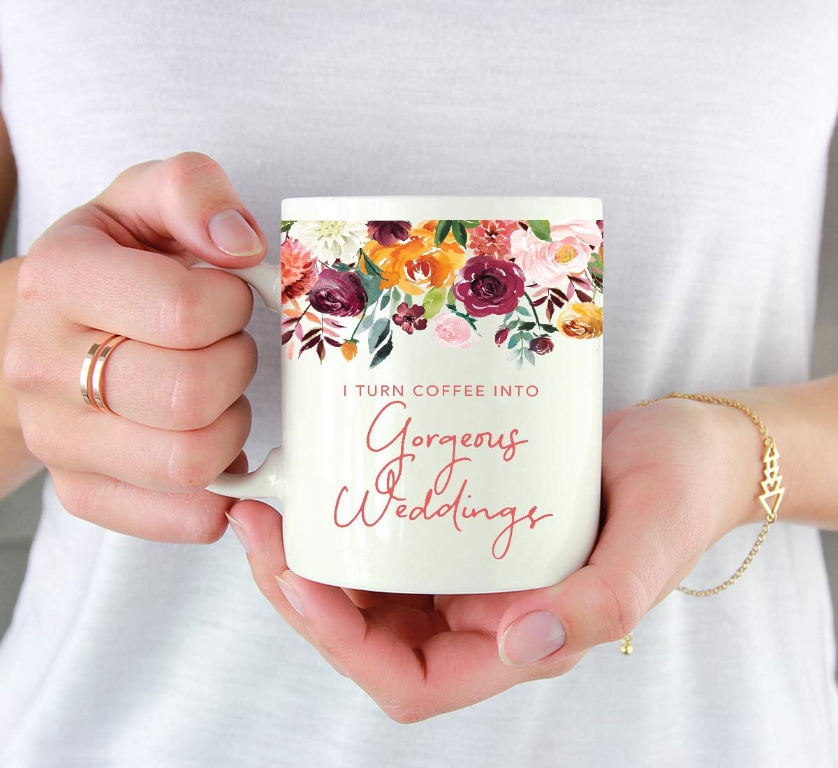 Andaz Press 11oz. Wedding Ceramic Coffee Tea Mug Gift for Wedding Planner, Fall Autumn Burgundy Orange Peach Flowers Roses Florals, I Turn Coffee Into Gorgeous Weddings, 1-Pack, Includes Gift Box