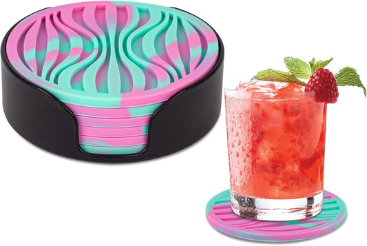 6 Pack Drink Coasters,Plastic Coaster with Holder,Non-Slip Silicone Cup Mat,Rubber Coasters Live for Hot or Cold Drink,Fits Any Size of Cups(Green Pink)