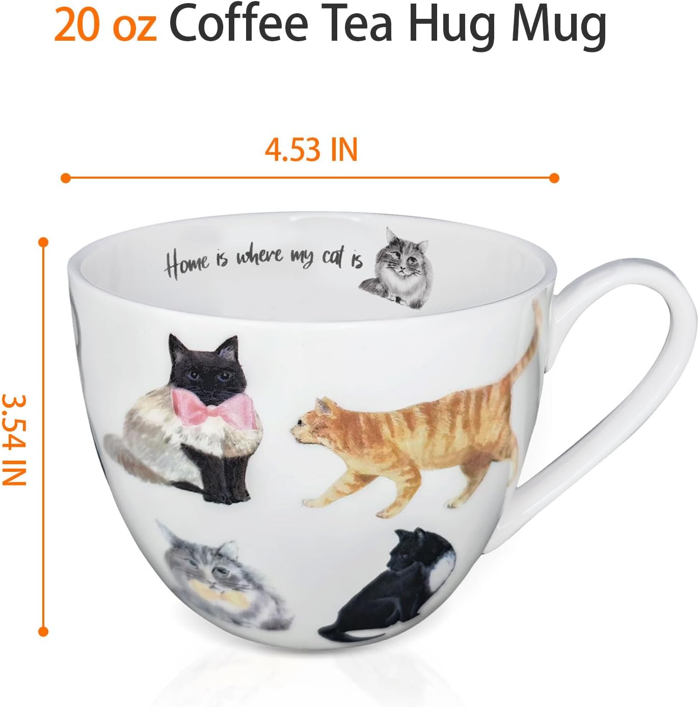 Cute Cat Mugs for Daily Coffee and Tea, Premium 20 oz Bone China Coffee Tea Hug Mug, Perfect Holiday and Birthday Gift for Cat Lovers, Designed in England by Harvest Green Studio