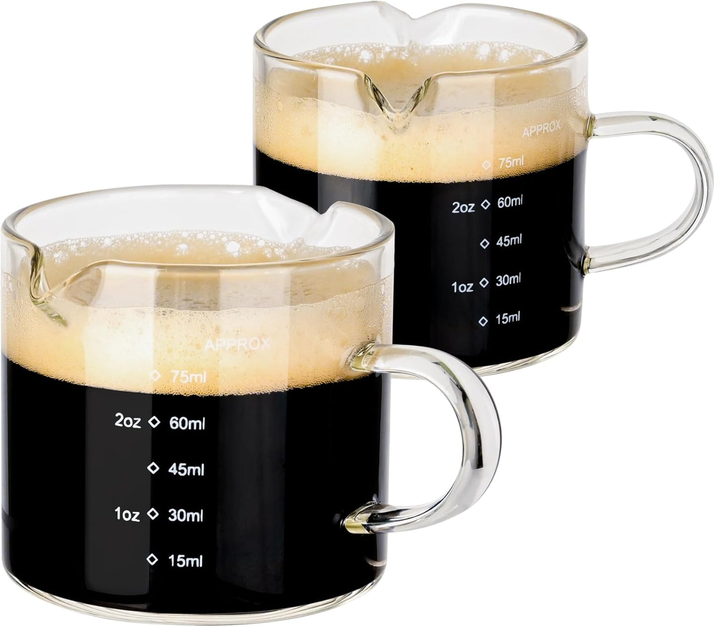 Espresso Double Spouts Glass Coffe Cup with Handle - 75ML/2.5OZ, Clear, Scale Measurement - Espresso Shot Glasses Cup(2PCS) (with Scale)