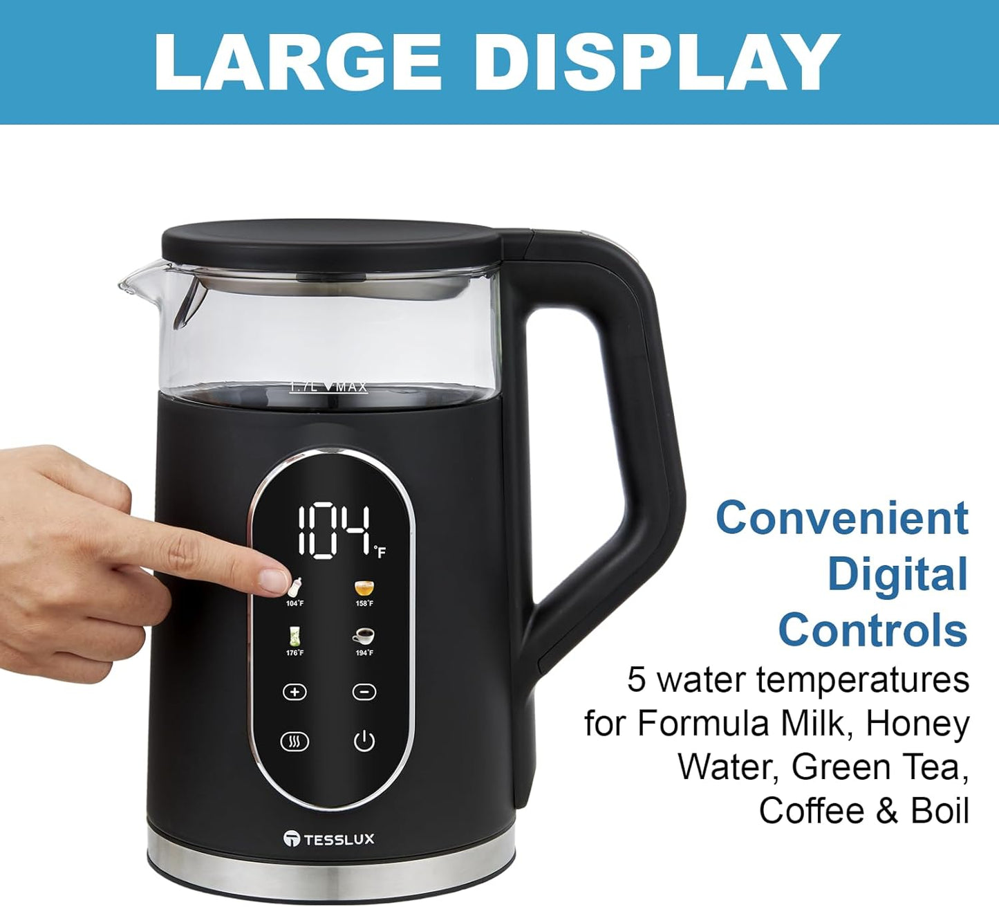 Electric Kettle, 1500W Fast Boiling Glass Water Kettle with Temperature Control, 1.7L Cordless Stainless Steel Base, Keep Warm & Auto Shut-Off, BPA-Free, Black