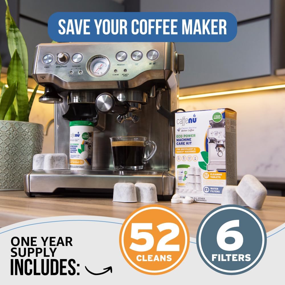 Caffenu Breville Compatible Cleaning Tablets & Water Filter. 52 Espresso Machine Cleaning Tablets & 6 Breville Filters for Espresso Machine. Removes Build-up & Filters Water Impurities. Years Supply.