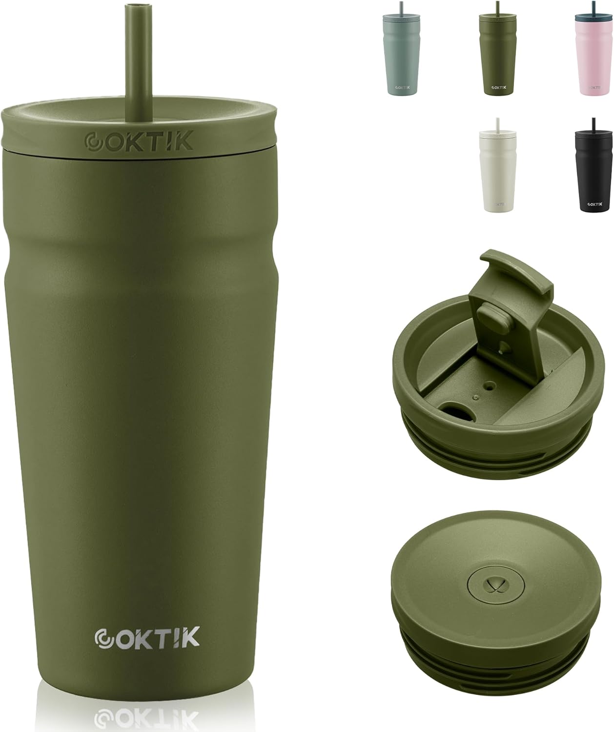 COKTIK 20oz Insulated Tumbler with Lid and Straw 2 Lids (Straw/Flip) Iced Coffee Cup Reusable Stainless Steel Travel Mug Water Bottle Cupholder Friendly for Women Men Her Him (Olive)