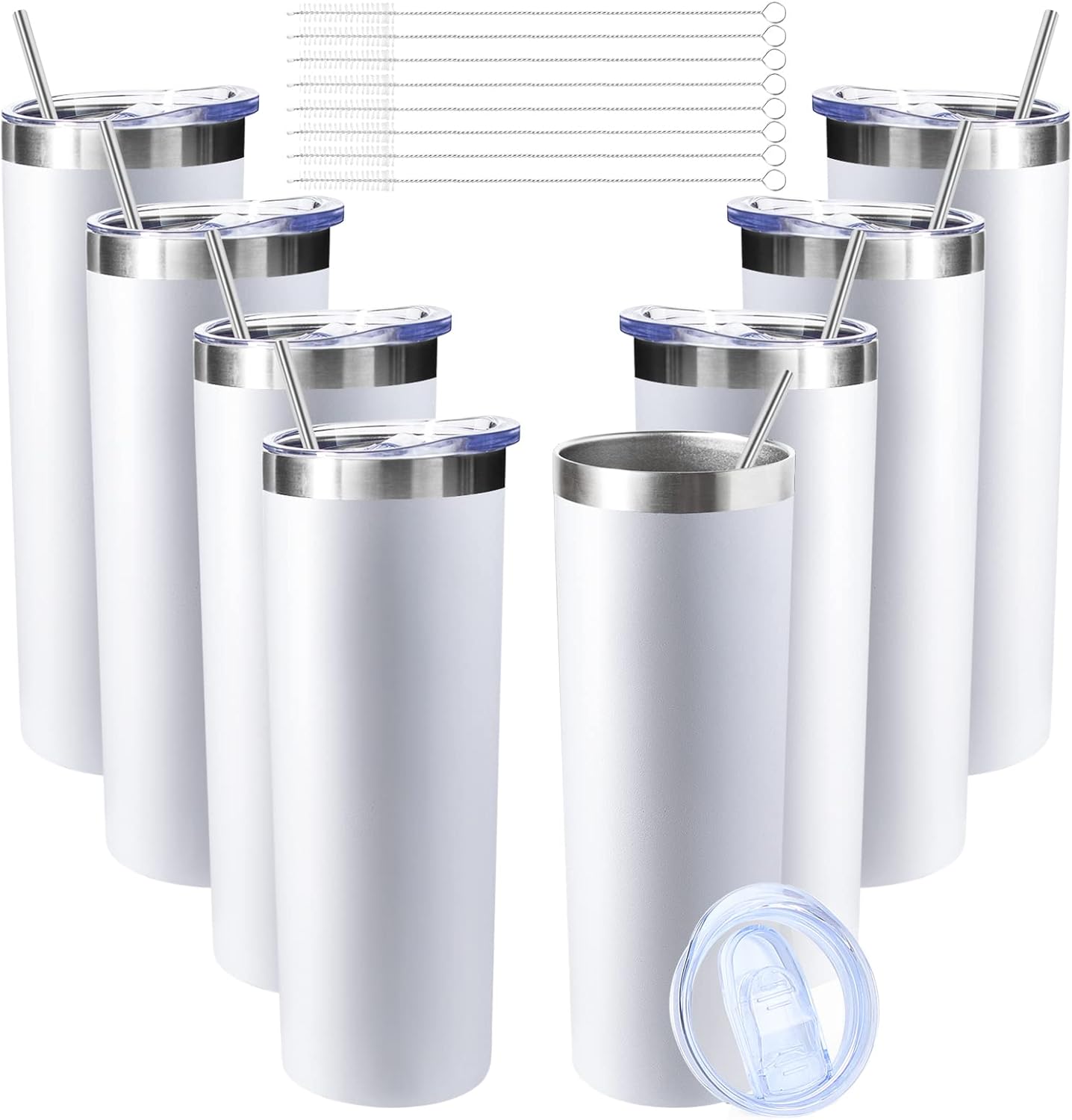 20 oz Skinny Tumblers with Lid and Straw,Stainless Steel Vacuum Insulated Tumbler Cup Double Wall Travel Coffee Mug, Thermal Water Tumbler for Hot and Cold Drinks(White,8)