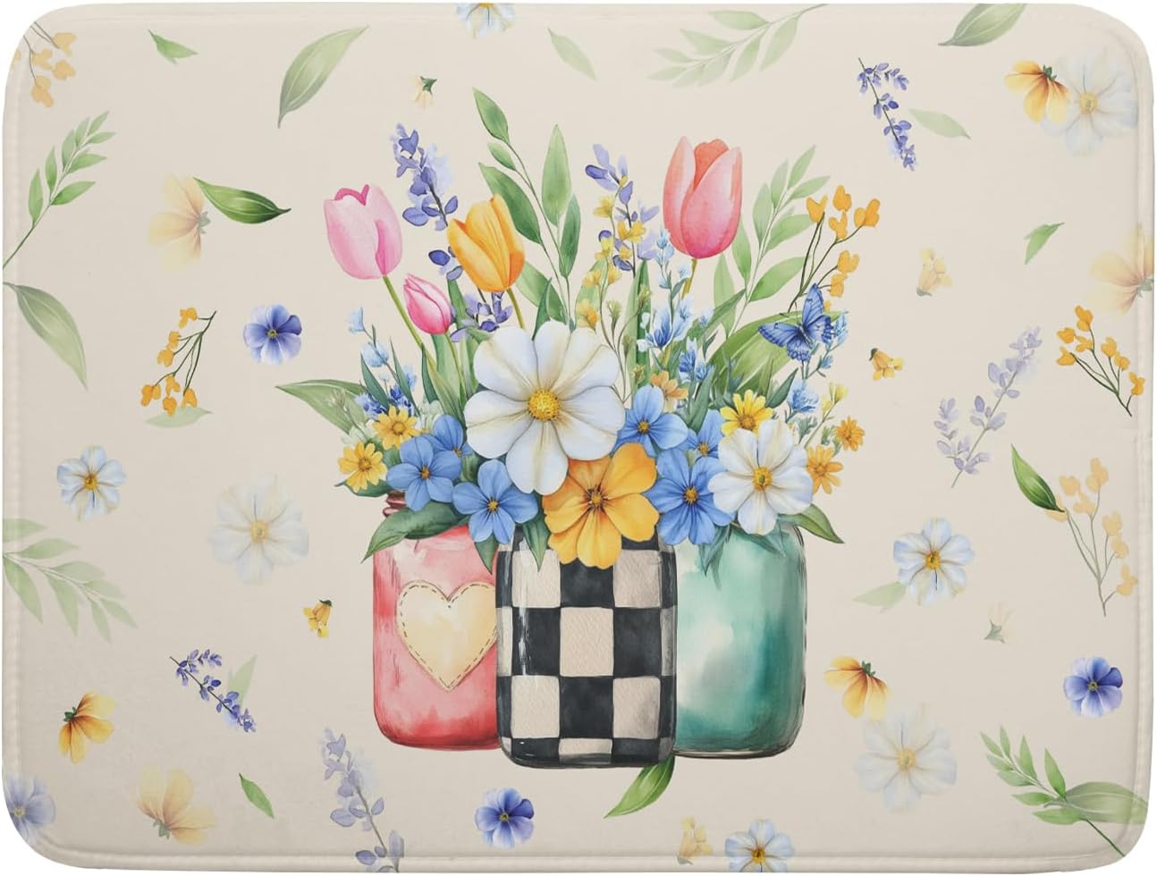 Giwawa Spring Flower Vases Dish Drying Mat for Countertop, 18"x24" Watercolor Floral Mason Jar Dish Drainer Mats, Wildflower Botanical Fast Dry Microfiber Large Dish Drying Pad Decoration