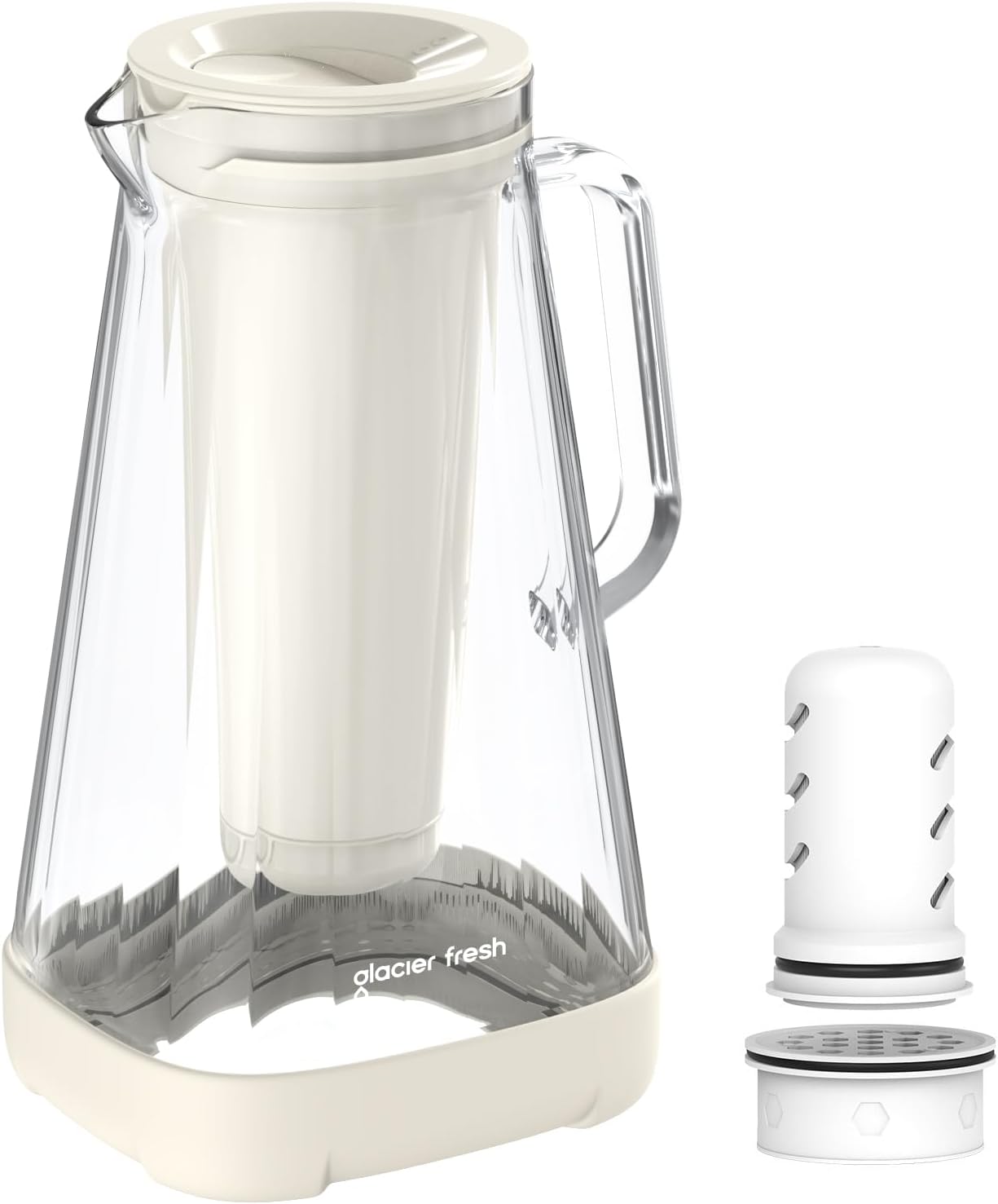 GLACIER FRESH 10 Cup Purela Glass Water Pitcher with 1.6X Flow Rate Upgraded Ultrafiltration Membrane and Activated Carbon Filter, Reduces 99% Chlorine, PFOA&PFOS, Coliforms, White