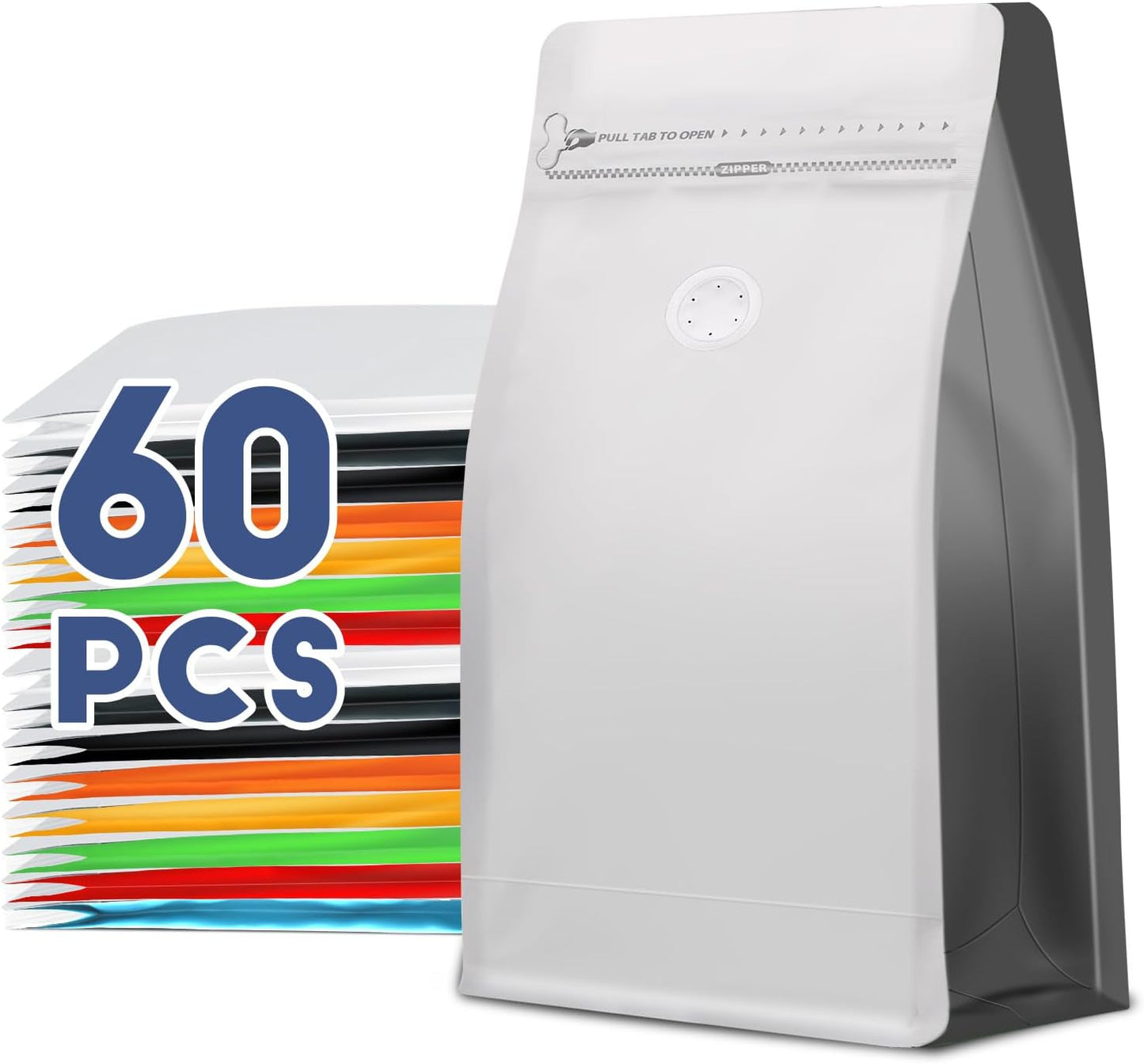 Coffee Bags with Valve(60pcs,8 oz,1/2 lb) Vented Coffee Beans Packaging Bags High Barrier Aluminumed Foil Flat Bottom Heat Sealed Side Zipper Resealable Storage Bag for Home or Business (White+Gray）