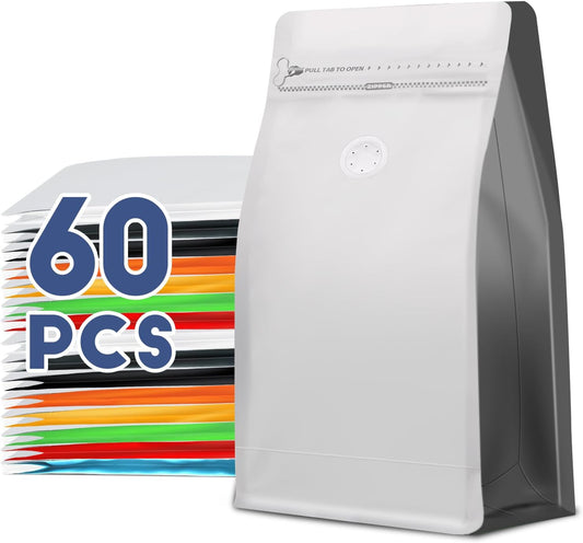 Coffee Bags with Valve(60pcs,8 oz,1/2 lb) Vented Coffee Beans Packaging Bags High Barrier Aluminumed Foil Flat Bottom Heat Sealed Side Zipper Resealable Storage Bag for Home or Business (White+Gray）