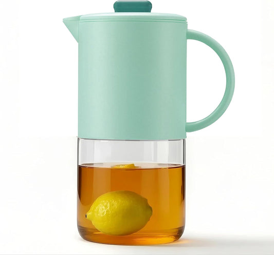 Delove Borosilicate Glass Pitcher with Lid & Auto Spout – Shatterproof Plastic Shell, Wide Mouth Design – 62 oz (1.9 Quart) Jug for Boiling Water, Iced Tea, Juice & Cold Brew Coffee (1, Light blue)