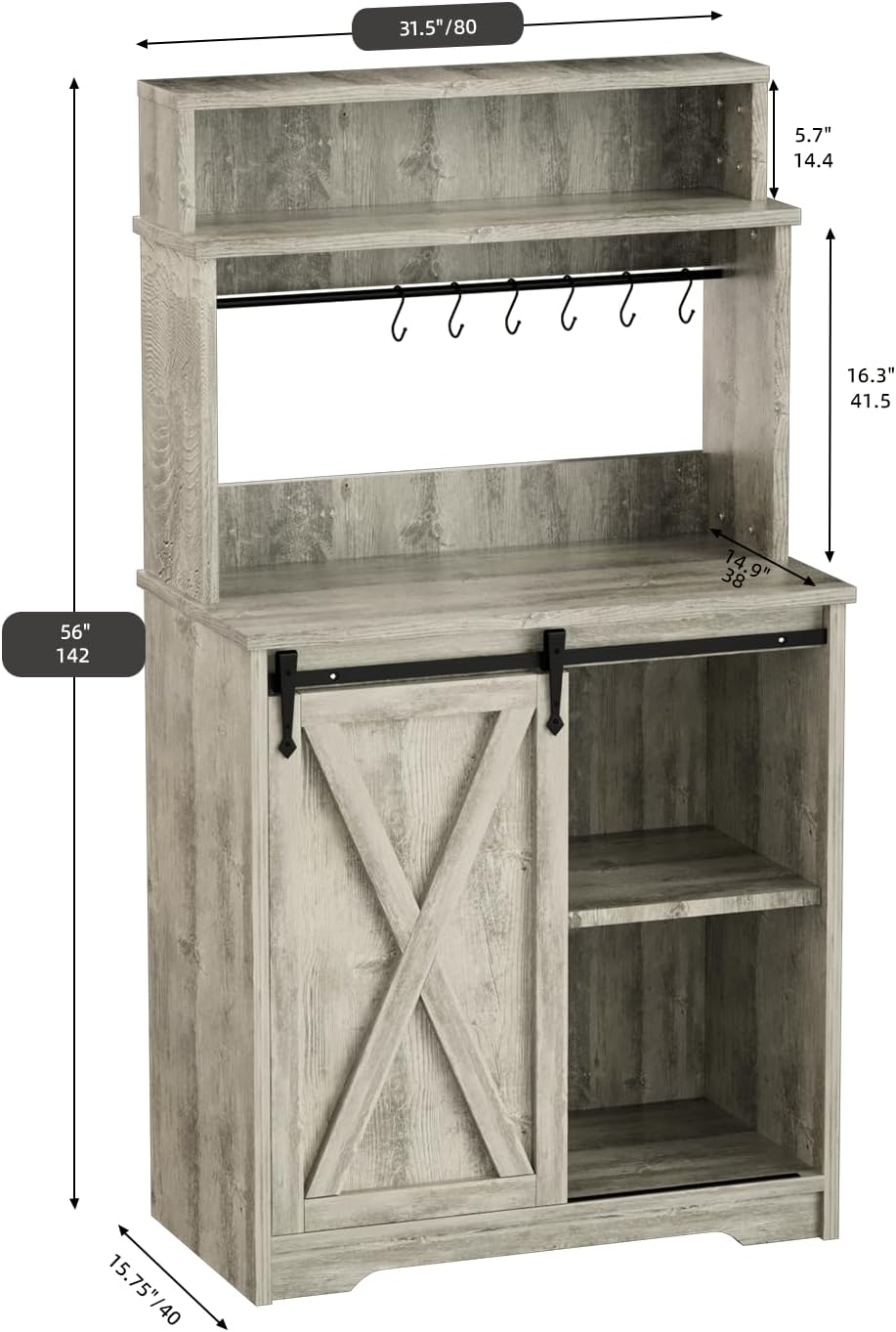 Farmhouse Coffee Bar with 3 Tier Storage Hutch, 56 Inch Small Coffee Station with 6 Hooks, Corner Bar Table with Adjustable Shelves for Living Dining Room (Grey)
