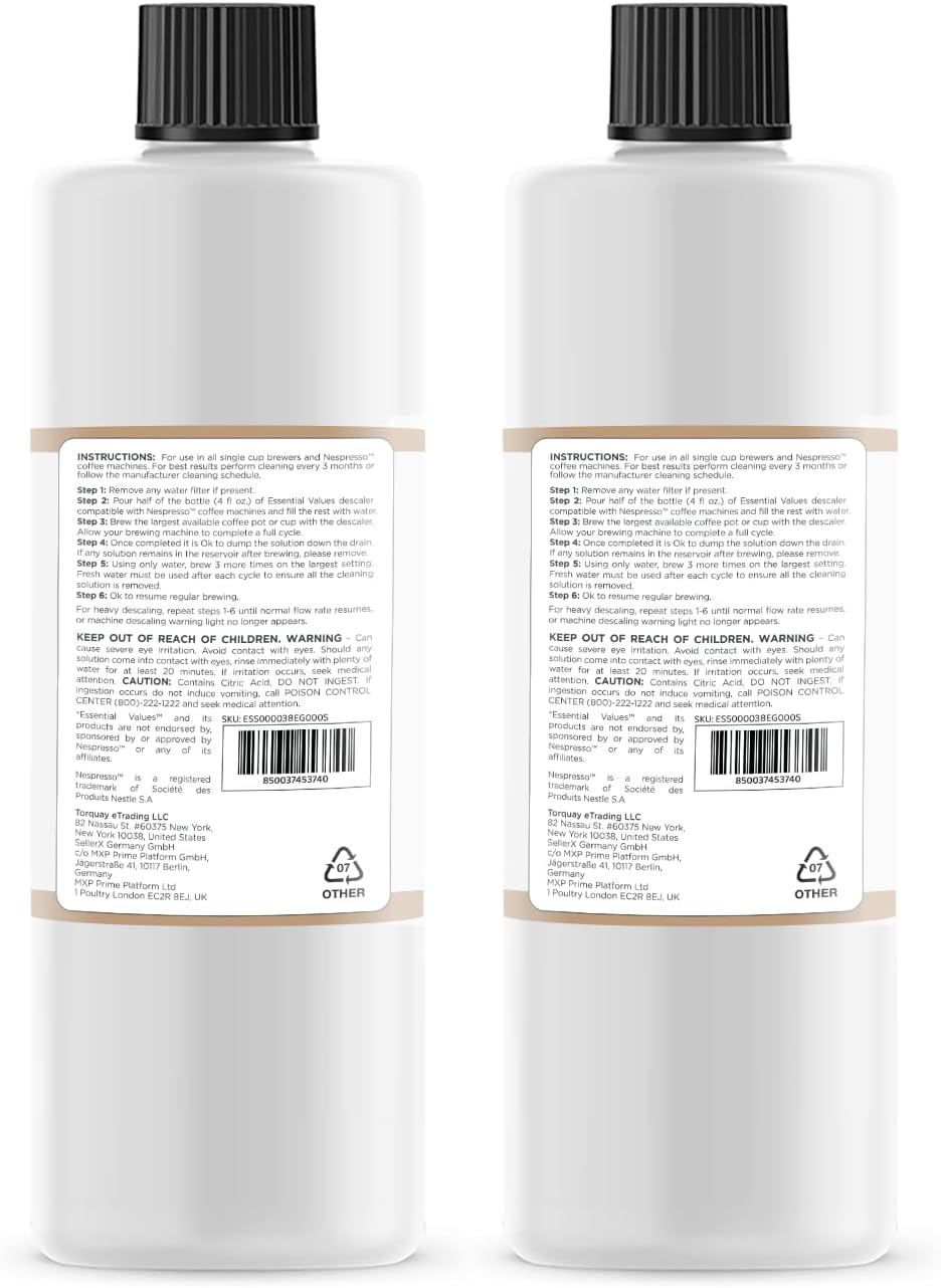 Essential Values Descaling Solution Compatible with Nespresso - Coffee Descaler - Coffee Maker Cleaner - Kettle, Espresso Machine Cleaning - 12 Month Supply 2-Pack