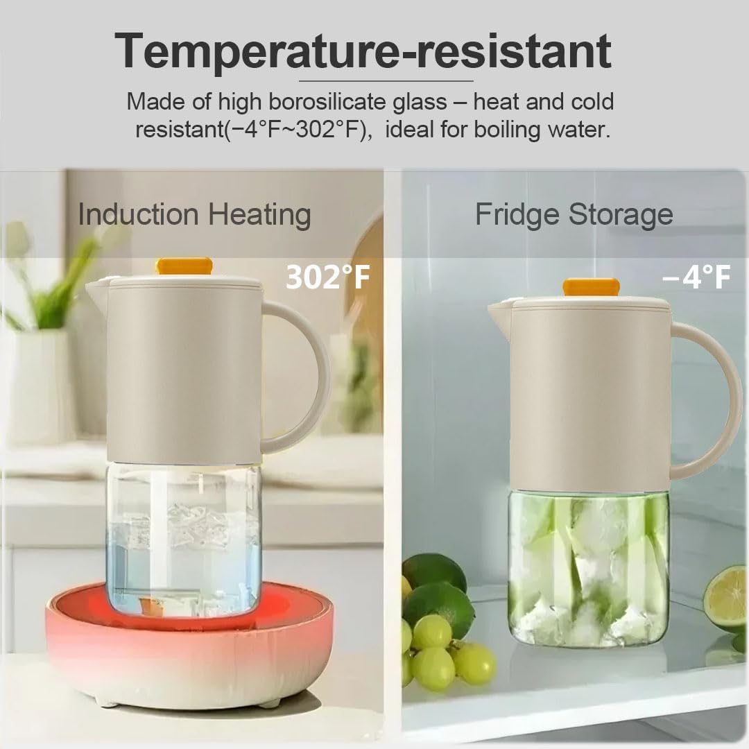 Delove Borosilicate Glass Pitcher with Lid & Auto Spout – Shatterproof Plastic Shell, Wide Mouth Design – 62 oz (1.9 Quart) Jug for Boiling Water, Iced Tea, Juice & Cold Brew Coffee (2, Beige)