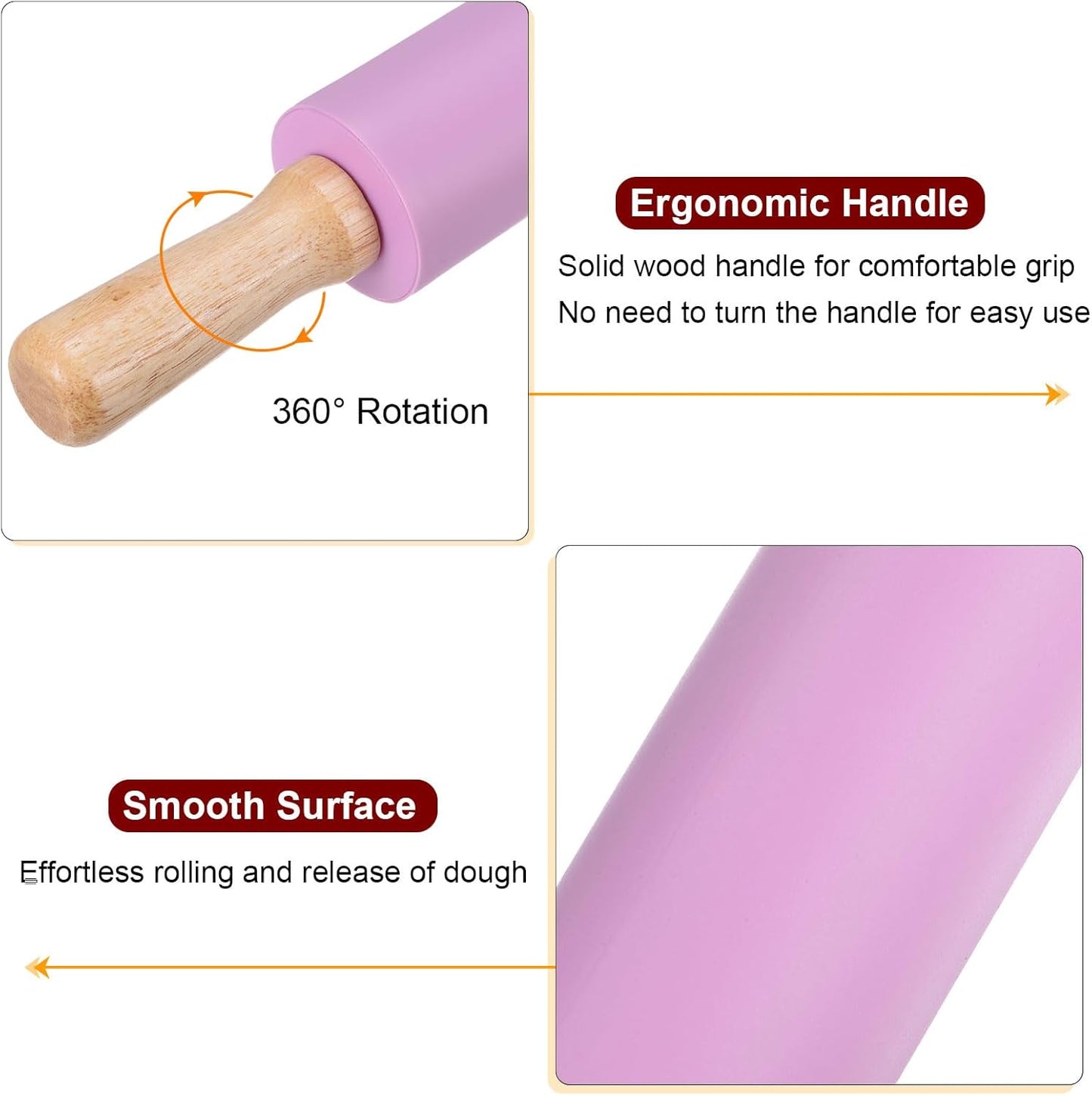 HARFINGTON Silicone Rolling Pins for Baking 14.96 Inch Non-Stick Silicone Surface Wooden Handle Rolling Pin Small Roller Playdough Rolling Pins for Fondant Kitchen Dough Pizza, Purple