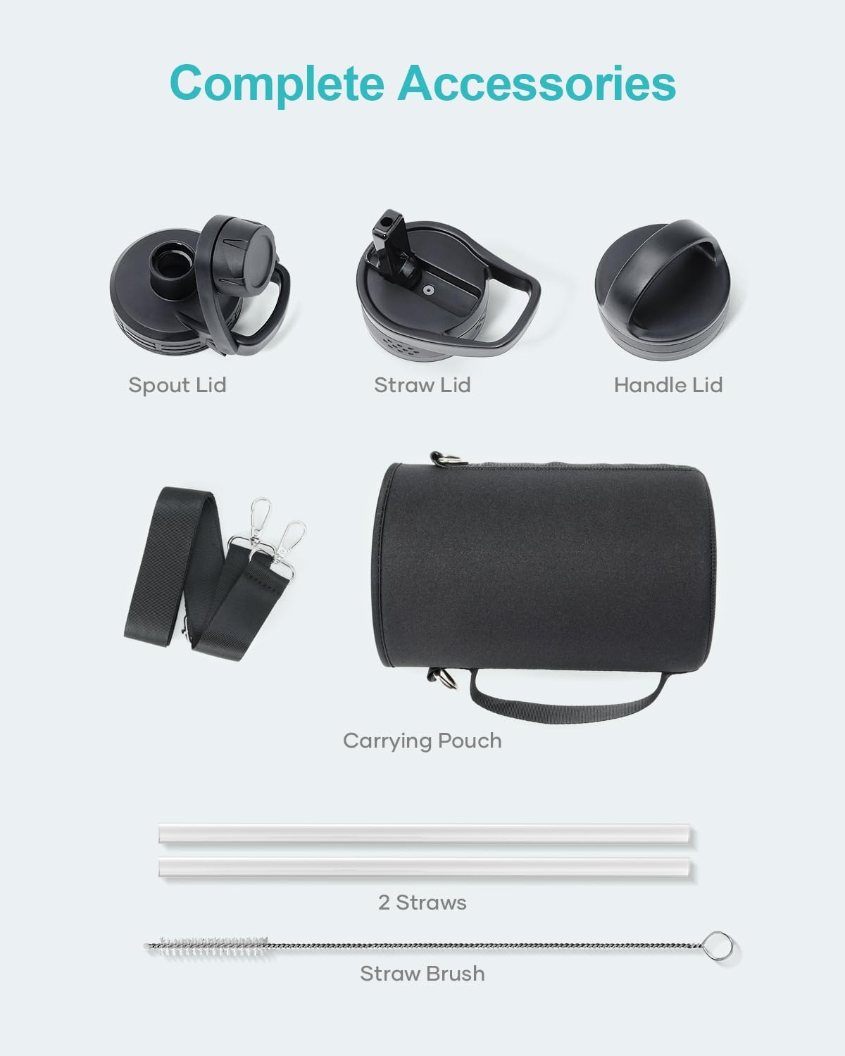 BUZIO 64 oz Water Bottle Insulated with Straw & 3 lid and Carrying Pouch, Leak Proof Half Gallon Stainless Steel Water Flask Jug, Cold for 48 Hrs Double Vacuum Thermo Canteen, BPA-Free, Black