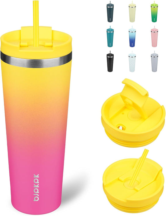 BJPKPK 26oz Stainless Steel Insulated Tumbler With lid And Straw Travel Coffee Thermal Tumblers Cup For Women And Men,Pink Yellow Rose