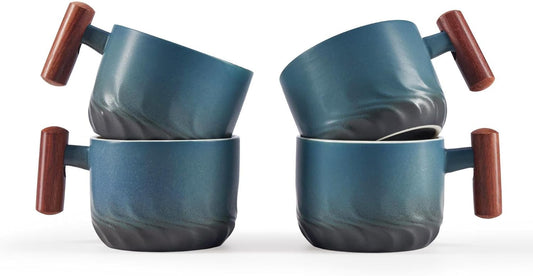 2.5oz Ceramic Espresso Cups with Wooden Handle, Small Coffee Cups Double Shot Espresso Cups Set of 4