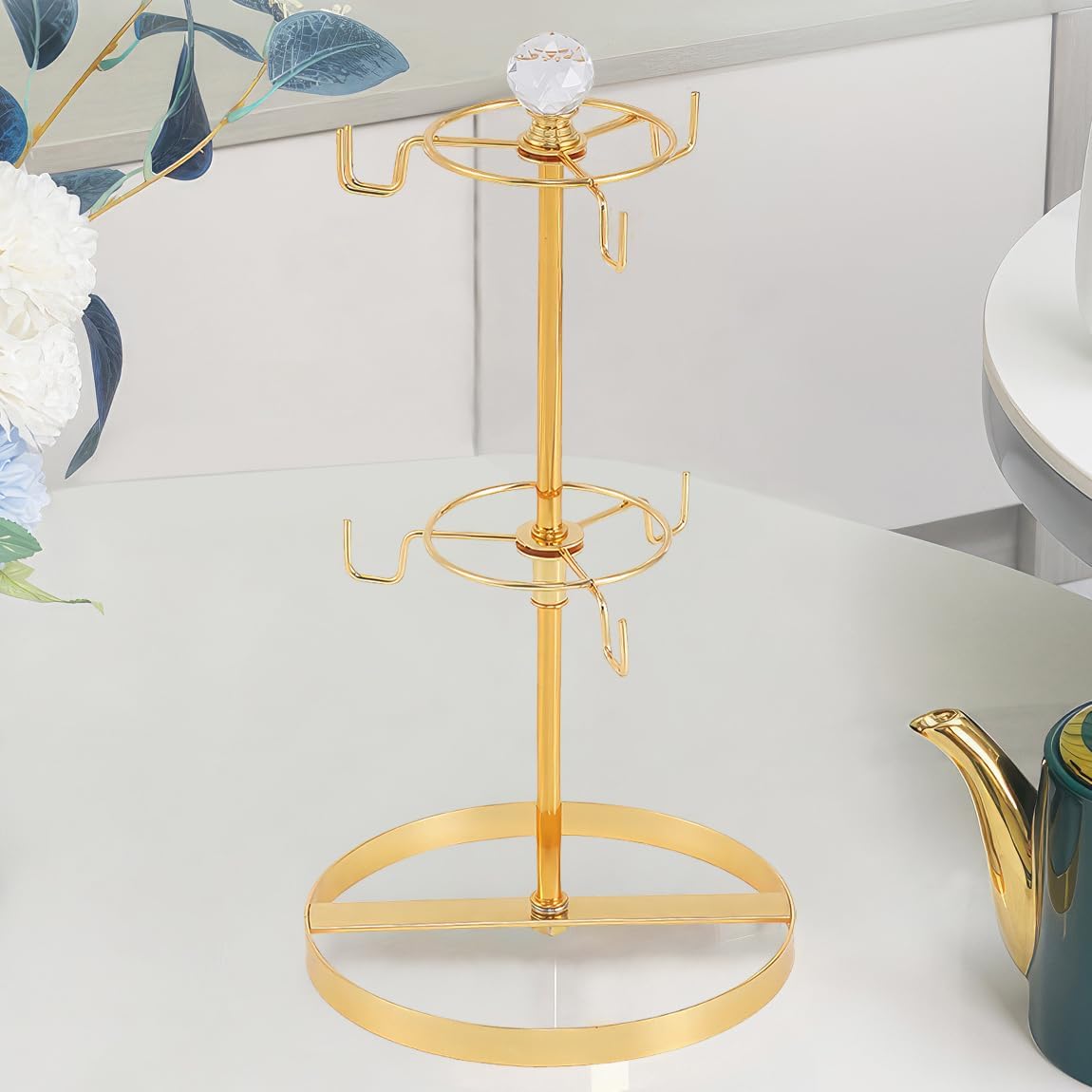 Coffee Mug Tree Holder for Counter,Double Tier Mug TeaCup Metal Holders Countertop,Golden Coffee Mug Tea Cup Stand Rack for Counter Top 6 Hooks(Gold,Crystal Ball)