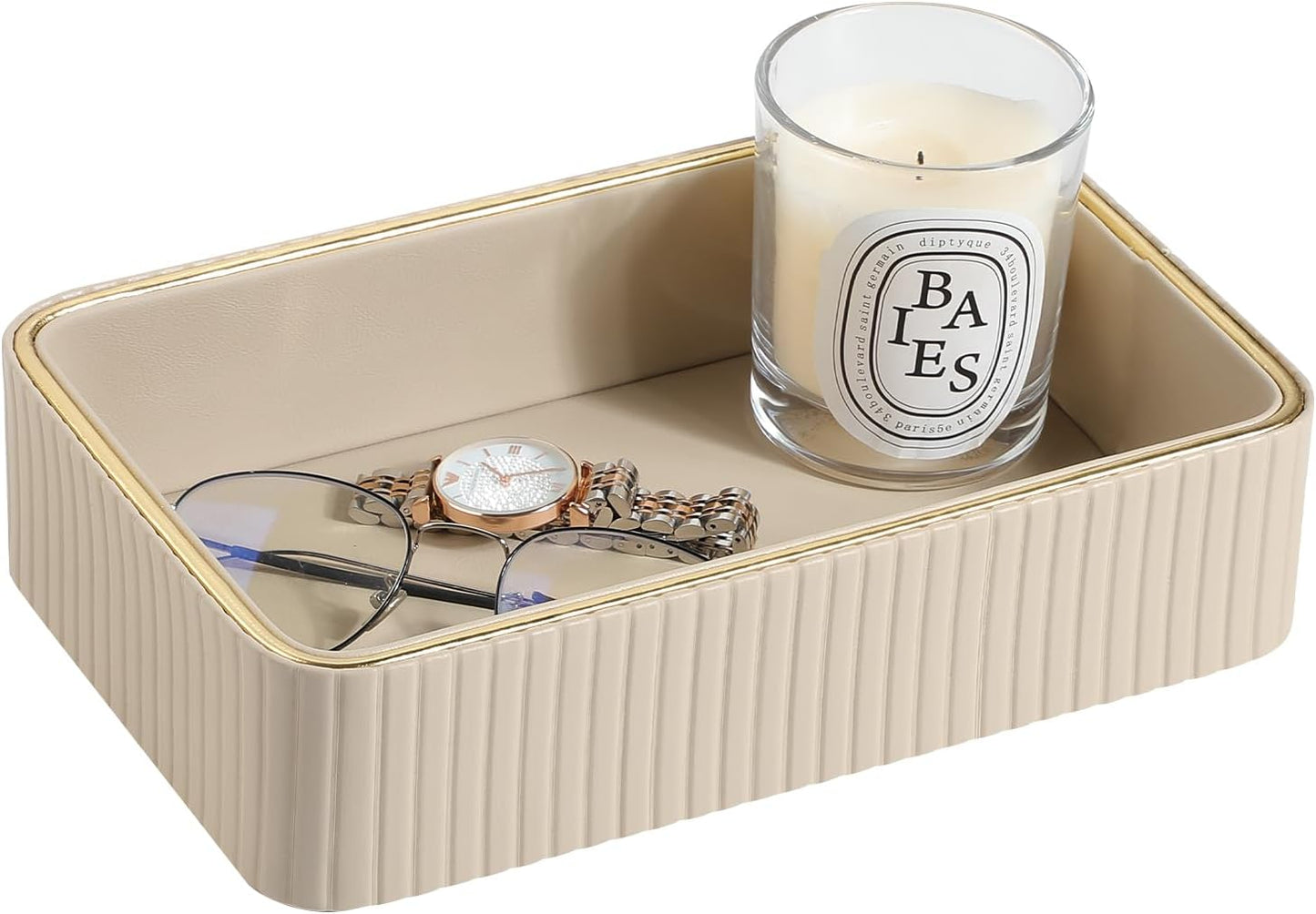 Desk Organizer Tray, PU Leather Valet Tray Nightstand Organizer Cologne Perfume Trays for Men Women, Decorative Vanity Trays Key Bowl Trinket Dish (Beige, 9.5" x 6" x 2.2")