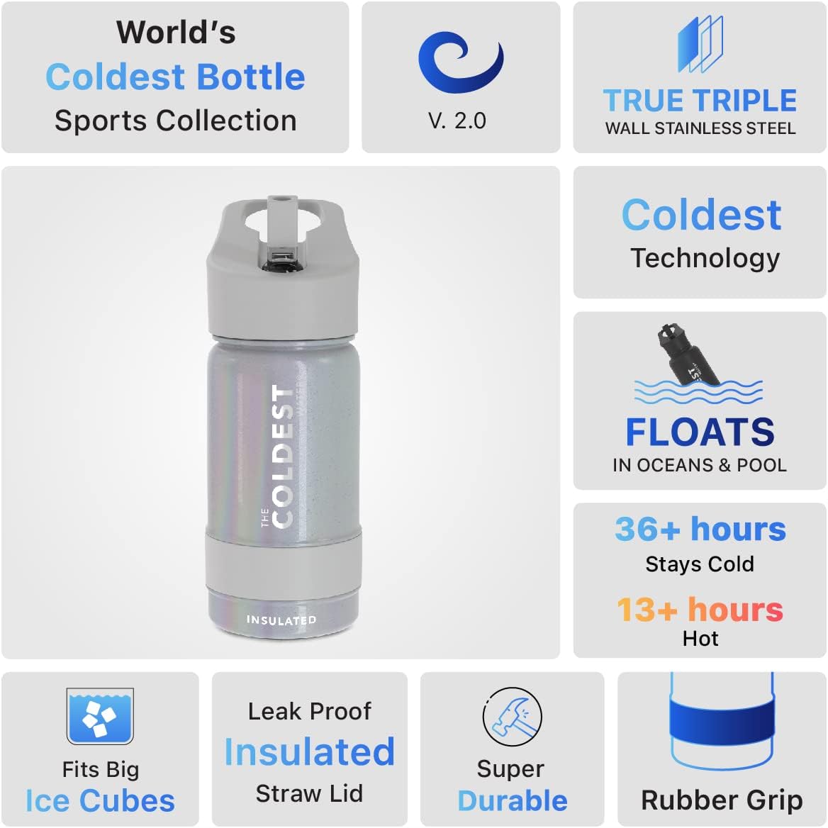 Coldest Insulated Water Bottle with Straw Lid - Stainless Steel Metal Insulated Bottle for Men & Women (Supernova Silver Glitter, 14 oz)