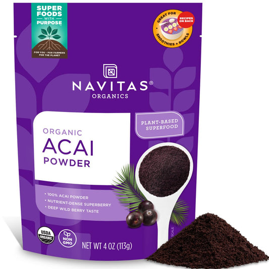 Navitas Organics Acai Powder – for Smoothie Bowls, Oatmeal, Dips, Sauces & More – Antioxidants, Omega 3 6 9, Fiber - USDA Organic, Non GMO, Kosher, Gluten Free, Keto (4oz. Bag, 38 Servings)