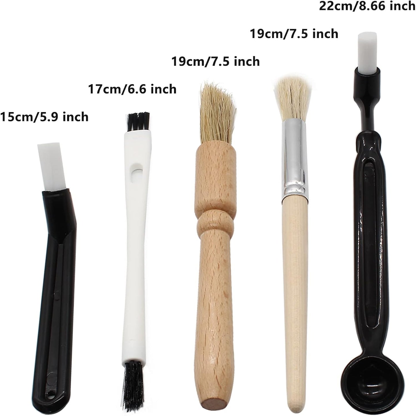 Coffee Grinder Cleaning Brush, Espresso Machine Brush Kit Wood Handle & Natural Bristles Wood Dusting Espresso Brush Set with Spoon for Bean Grain Coffee Tool (Pack of 5)