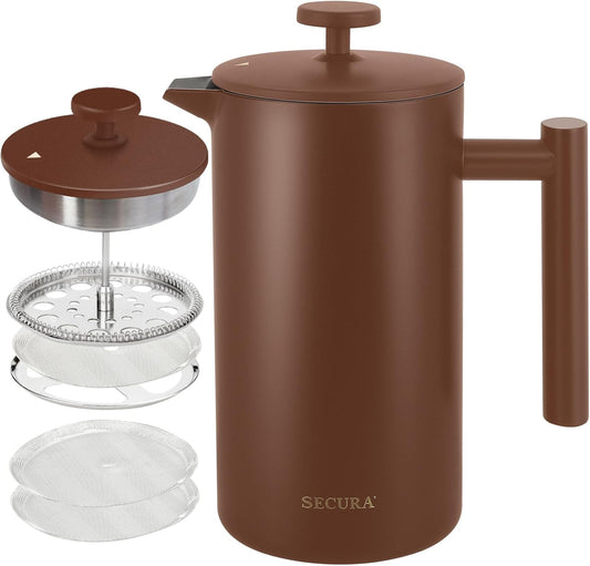 Secura French Press Coffee Maker, 304 Grade Stainless Steel Insulated Coffee Press with 2 Extra Screens, 34oz (1 Litre), Coffee