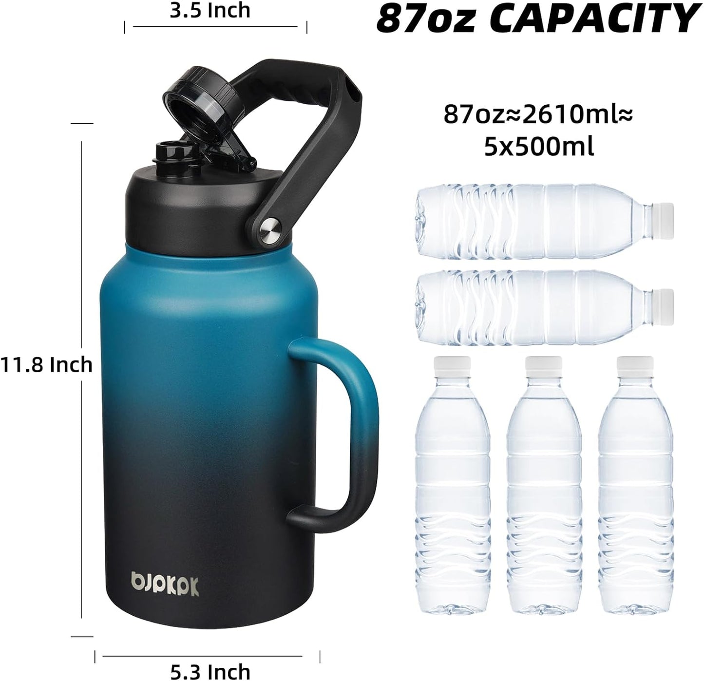 BJPKPK 87oz Insulated Water Bottle with Handle, Large Dishwasher Safe 2/3 Gallon Water Bottle, BPA Free Water Jug, Wide Mouth Metal Water Bottle with Anti-slip Bottom, Keep Cold & Hot,Blue & Black