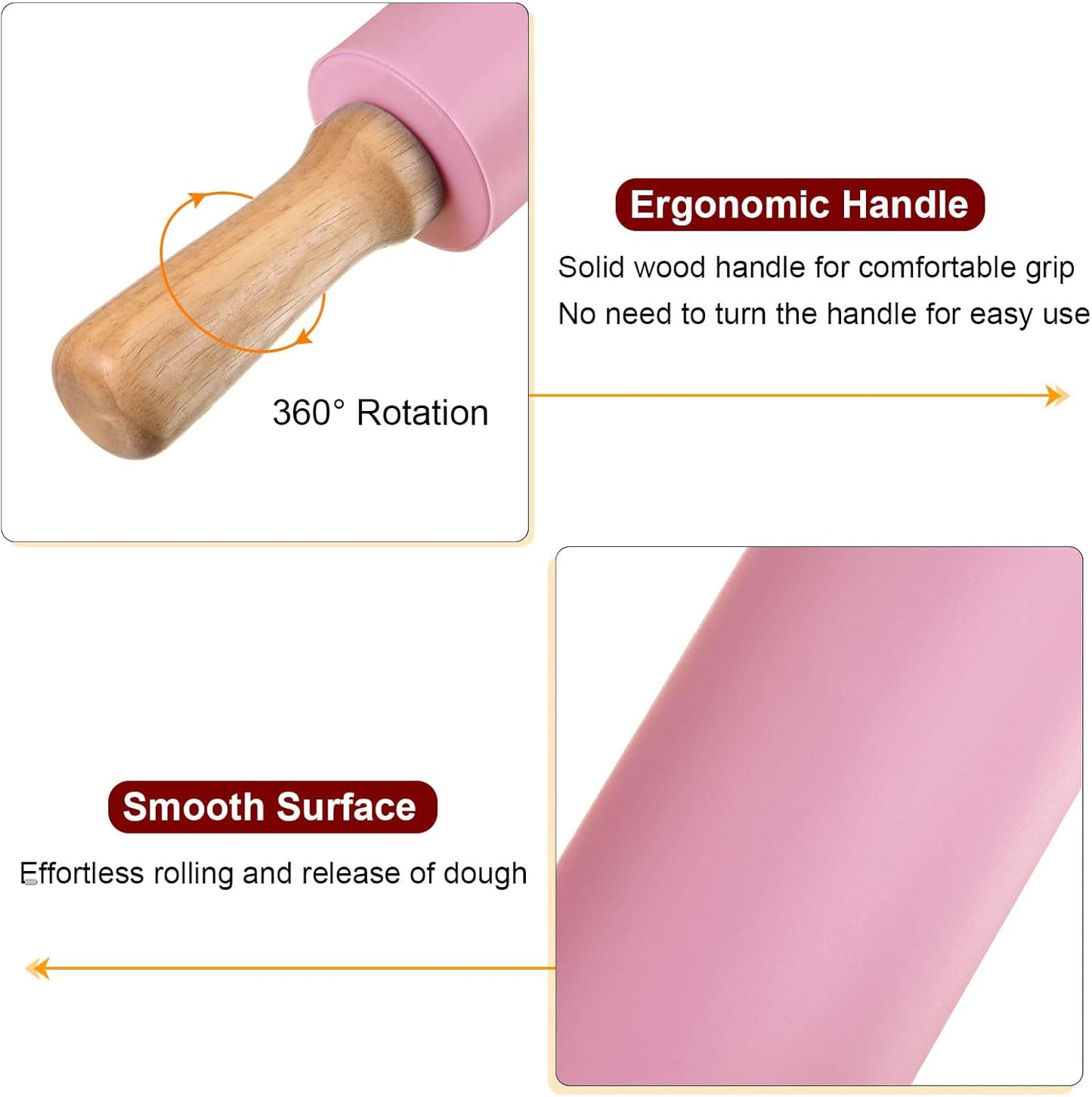 HARFINGTON Silicone Rolling Pins for Baking 17 Inch Wooden Handle Non Stick Rolling Pin Small Roller Play Dough Rolling Pins for Dough Pizza Pastry Fondant Kitchen Baking, Pink