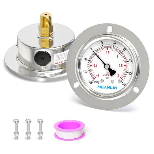 MEANLIN MEASURE -30inHG~30Psi Liquid Filled Pressure Gauge Front Flange Panel Mount, 1/4" NPT 2.5" FACE DIAL Stainless Steel Case with Phillips Screw and Nut, +/-3-2-3%