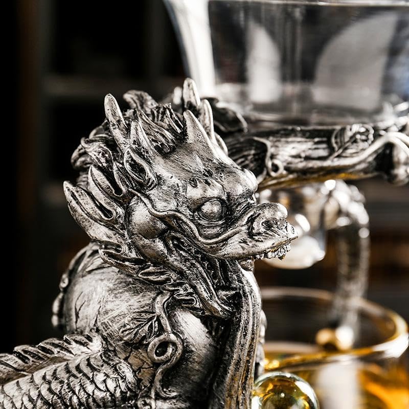 Glass Teapot Set with Infuser Semi Automatic Dragon Tea Set with 6 Small Cups (silver dragon)