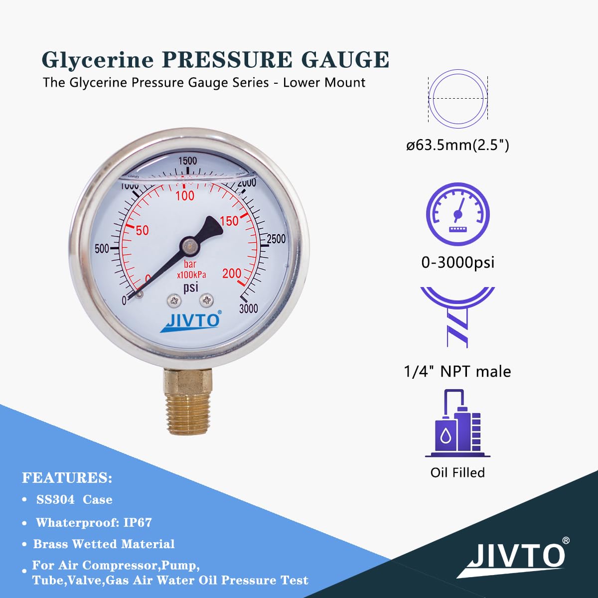 Pressure Gauge,Glycerin Liquid Filled,2.5" Dual Scale Dia,0-3000 psi/bar/kpa,1/4" NPT Male Brass Connection,Lower Mount, Stainless Steel Case,for Pneumatic,Pump,Hose,Well Tank,Gas Air Water Oil