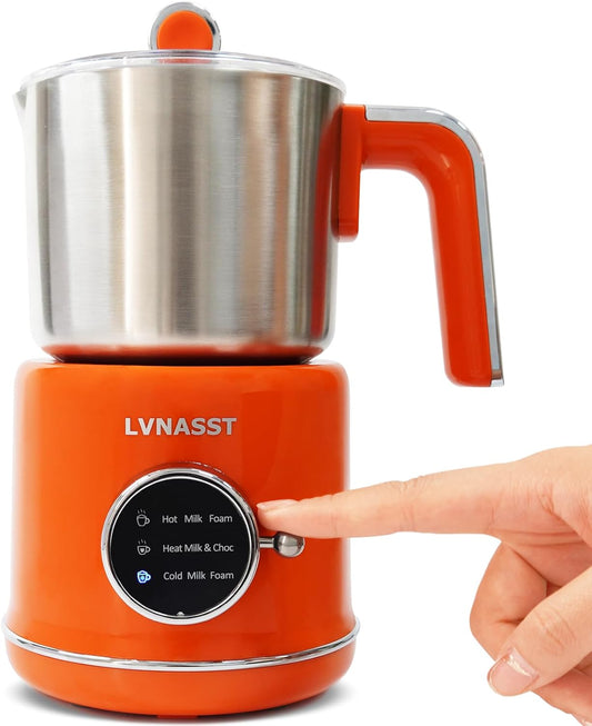 Stainless Steel Milk Frother for Coffee, 3-in-1 Electric Milk Warmer & Foam Maker, 12oz Hot Cold Frothing, Thick Foam for Macchiatos, Cappuccinos (Orange)