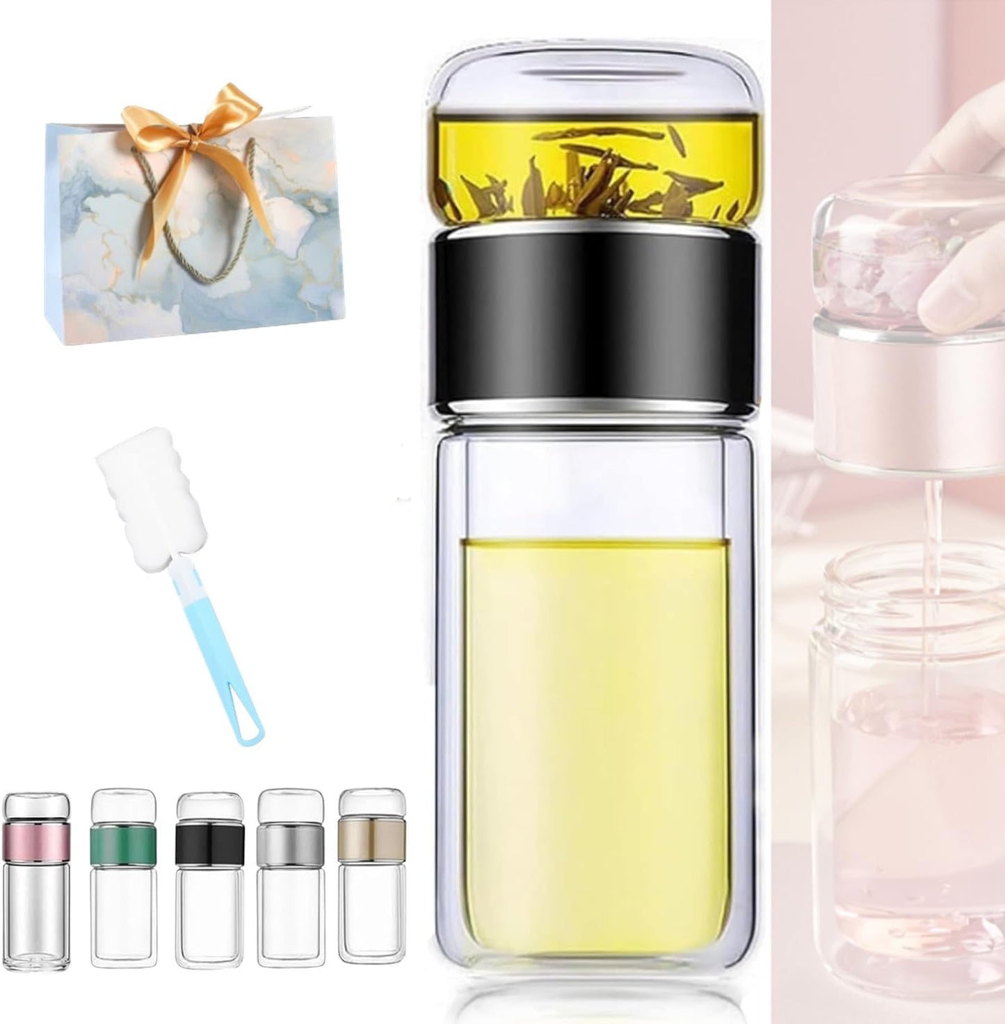 Tryteava Glass Infuser, Tryteava 3-in-1 Smart Tea Infuser, Portable Glass Double Wall Tea Infusers Bottle, with Stainless Steel Filter, Hot & Cold Brew, For Loose Leaf, Office Home (Black, 420ml)