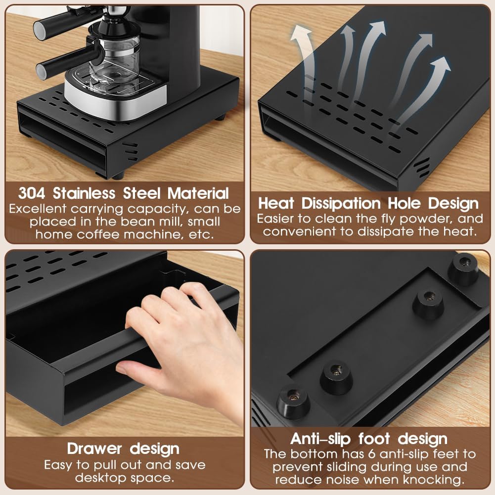 Coffee Knock Box Drawer, Espresso Knock Box Drawer Stainless Steel Coffee Knock Box for Espresso Coffee Grounds Coffee Puck Box with Removable Rubber Strike Wood Pole and Non Slip Base