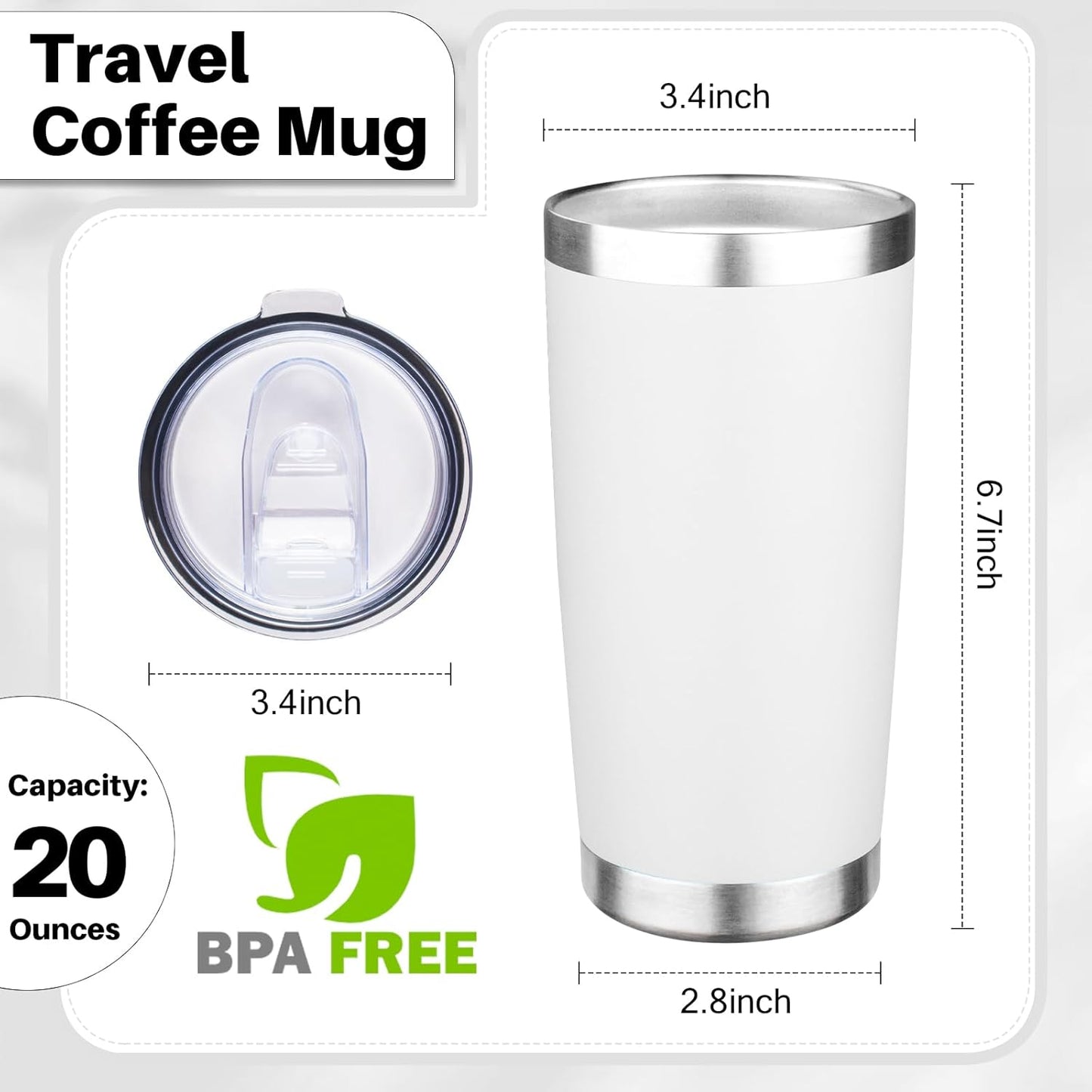 20oz Tumbler with Lid Double Wall Vacuum Insulated Travel Coffee Mug Stainless Steel Thermal Cup Powder Coated Sturdy Coffee Tumbler for Hot and Cold Beverage (White,1)