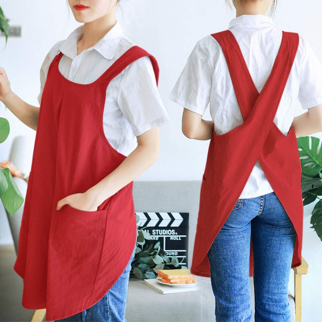 NEWGEM Japanese Linen Cross Back Cooking Aprons for Women Men with Pockets Cute for Baking Kitchen