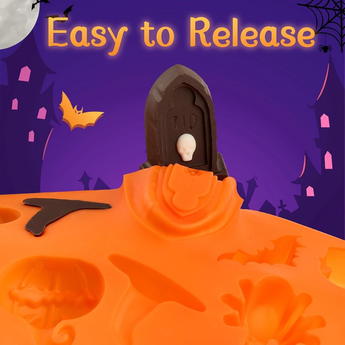 JOERSH Halloween Chocolate Silicone Molds, 4PCS Skull Pumpkin Witch Hat Bat Spider Tombstone Shaped Candy Mold Non Stick Baking Pan for DIY Chocolate, Fondant, Cake Decorating
