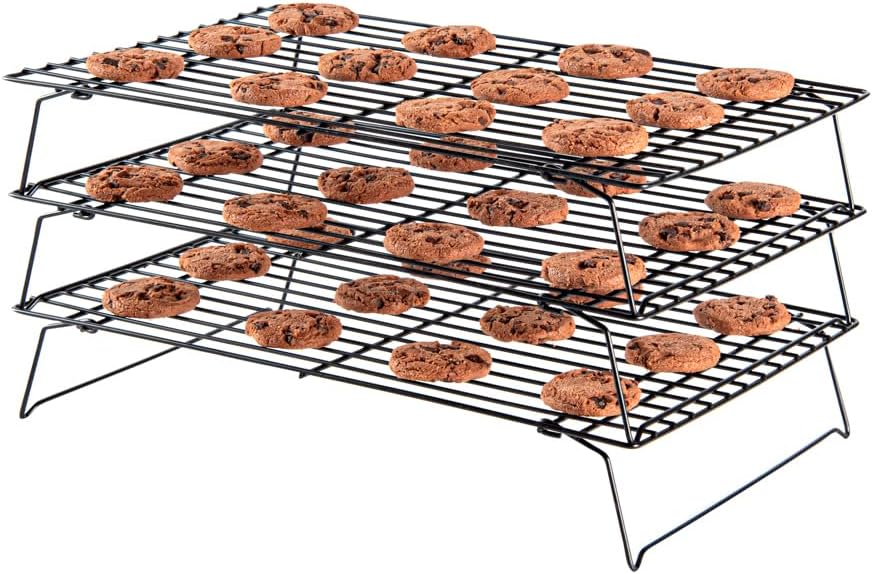 Restaurantware Met Lux 15.7 x 9.8 x 8.3 Inch Wire Baking Rack Set 1 Stackable Oven Wire Rack Set - 3-Tier Design Oven-Ready Up To 392F Black Iron Cooling Rack Set With Collapsible Feet
