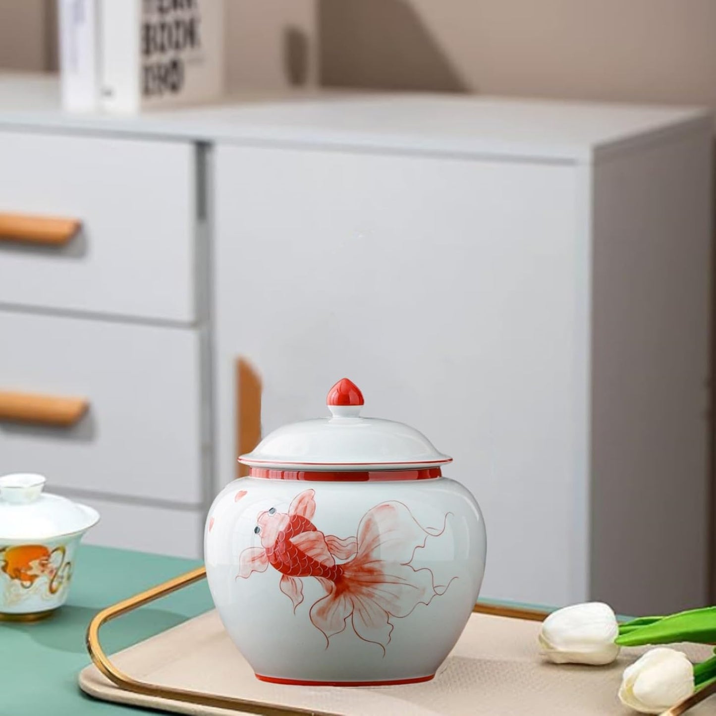 5 inches Ginger jar Lid - red fish decorative Ceramic Ginger jar vase with Lid， chinoiserie gift koi decor small jars for Home decor/jewelry/Tea/coffee beans/Storage