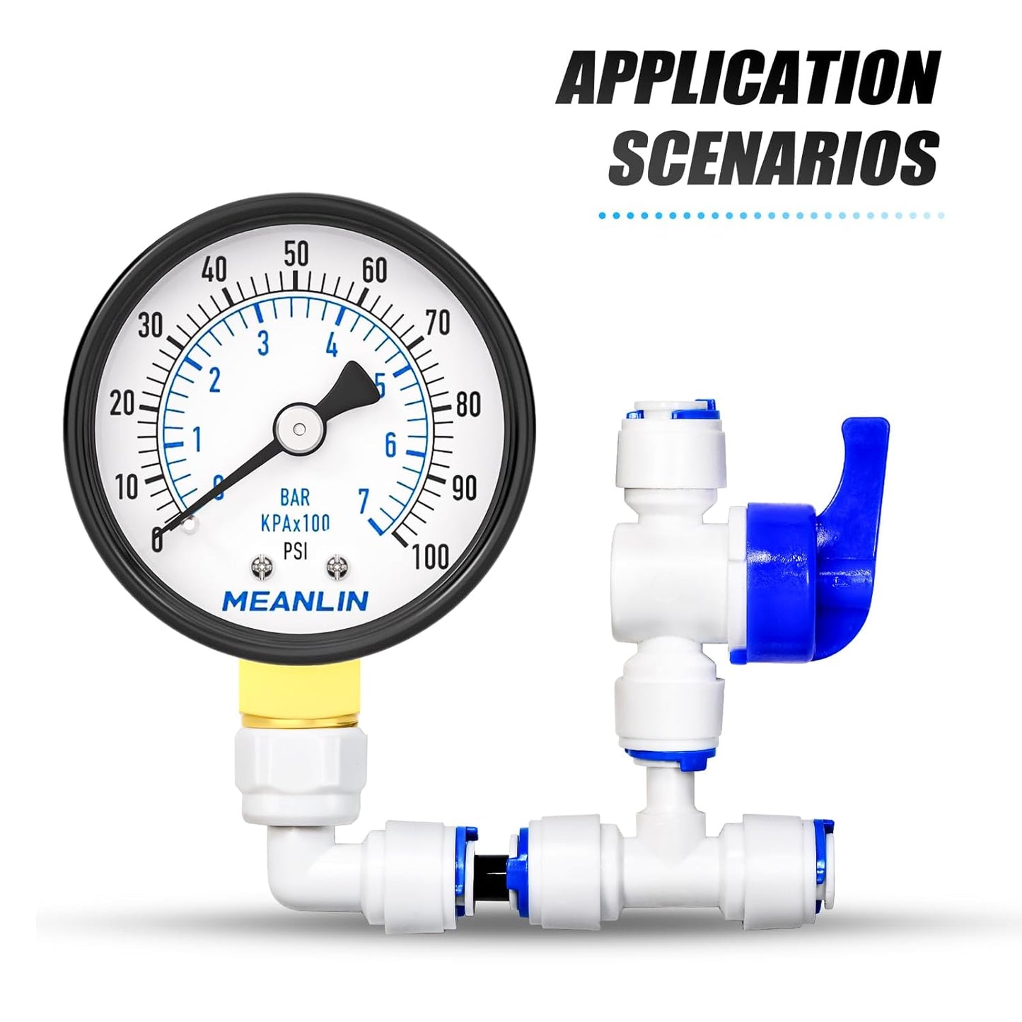 MEANLIN MEASURE 0-100Psi Well Pump Pressure Gauge 1/4" NPT 2" FACE DIAL for Well Pump Water Tire Water Pressure Tester Lower Mount, with Teflon Tape