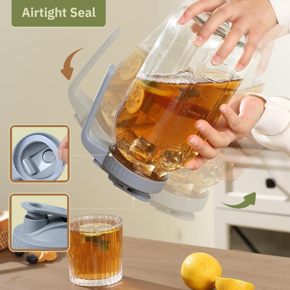 Glass Tea Pitcher with Wide Mouth Airtight Lid Leak Proof Fridge Container with Gray Lid Mason Jar for Water, Tea,Juice and Drinks (2 Pack-64OZ)