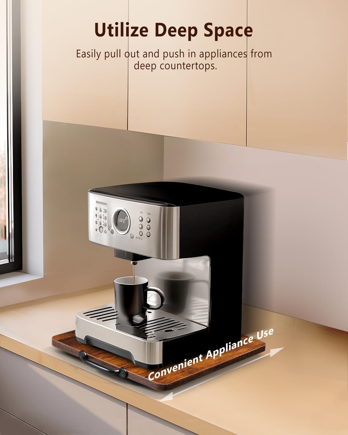 Appliance Slider, Sliding Tray for Coffee Maker, Coffee Pot Slider for Countertop, Kitchen Appliance Rolling Tray with Rubber Wheels (Rustic Brown, Large - Long (12.5” x 16”))