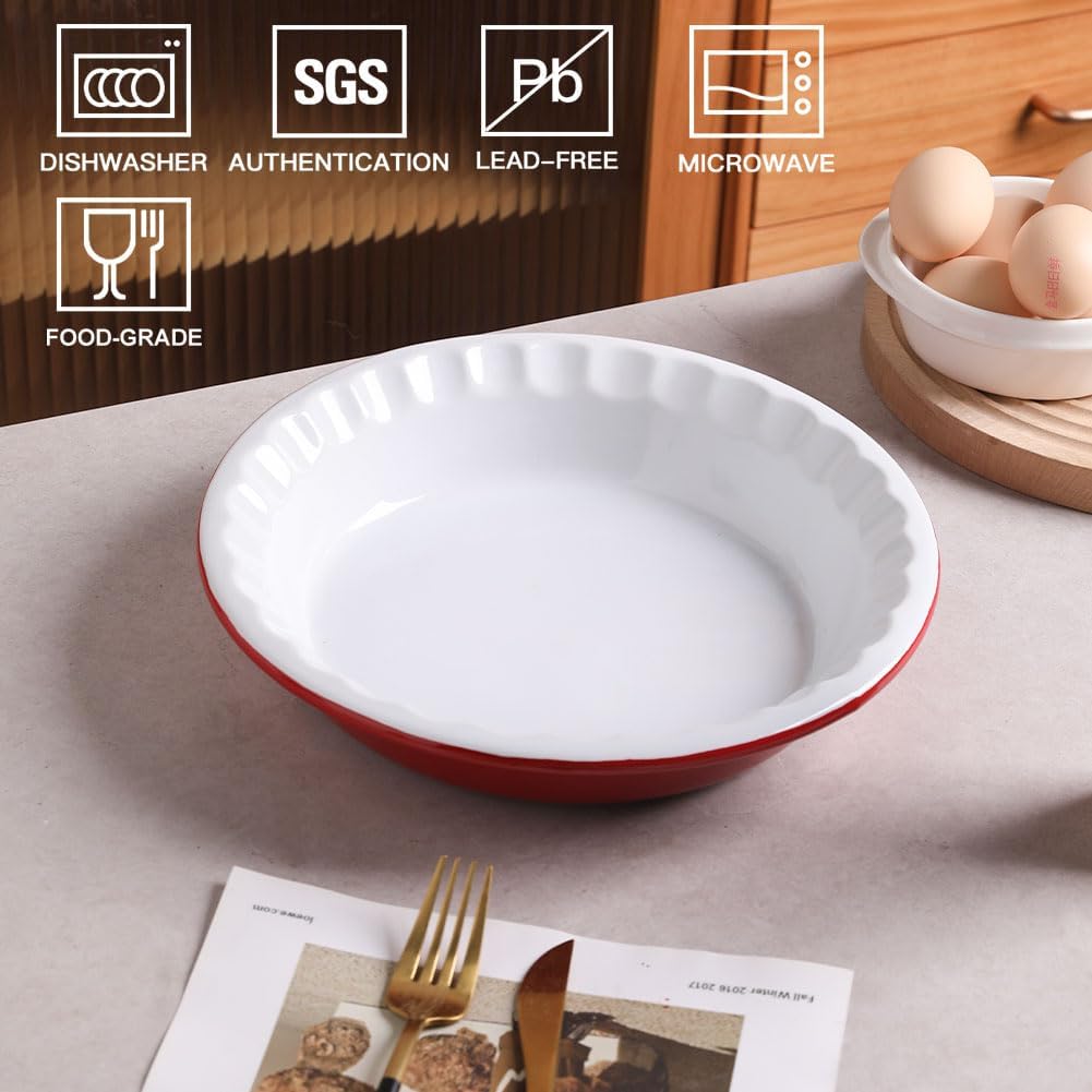 Sweejar Ceramic 10.4 Inch Pie Pan, Deep Porcelain Round Dish, Non-Stick for Pumpkin & Apple Pies, Farmhouse Design (Red)